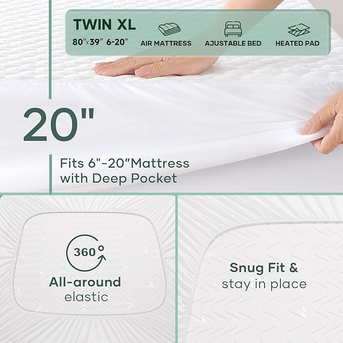 OhGeni 100% Waterproof Mattress Protector,Twin XL Size Mattress Soft Pad,Pet Hair & Bedwetting Resistant,Cooling Fitted Sheets,Washable Bed Cover,Non-Slip Deep Pocket,Noiseless for College Dorm Rooms