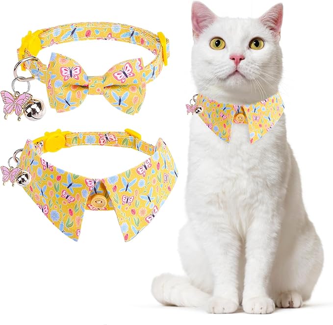 Cat Collar Breakaway with Bells, Gold Butterfly, 2 Pack Soft Butterfly Kitten Collar with Removable Shirt Collar, 8-12Inch