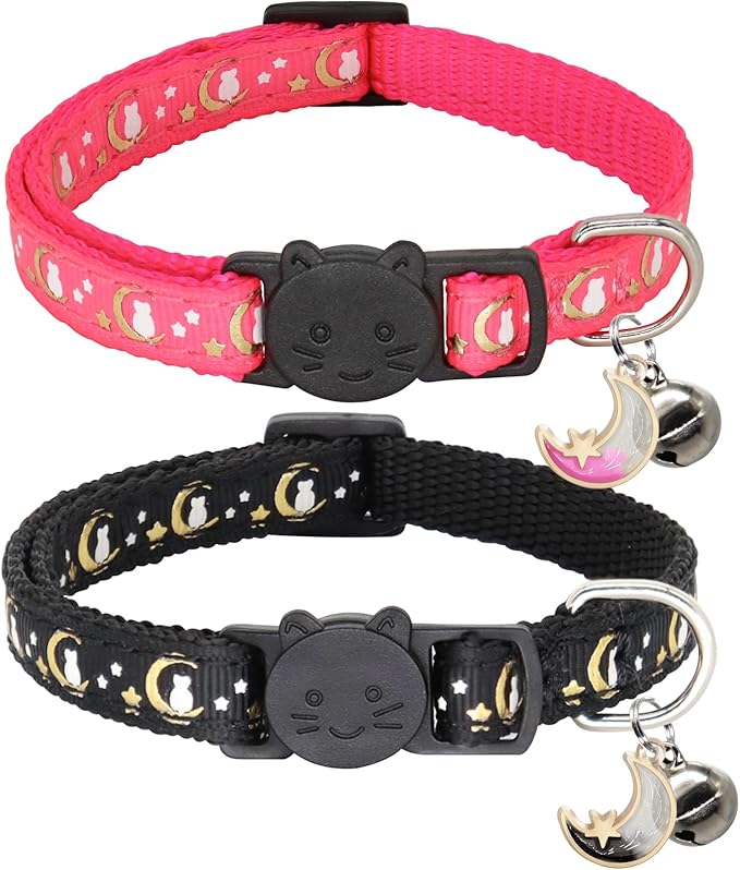 2 Pack Breakaway Cat Collar with Bells, Adjustable Moon and Star Kitten Safety Collars for Boys & Girls, Black+Hotpink