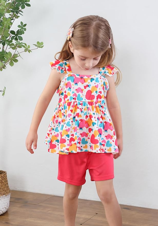 Toddler Baby Girls Summer Clothes Outfits Ruffled Sleeve Dinosaur Shirt Leopard Tops and Shorts Pants Sets 2PCS