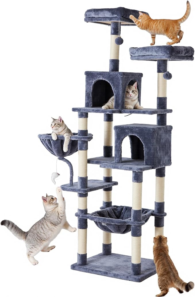 Large Cat Tree 71 Inch, Multi-Level Tall Cat Tree Tower with Condo, Perches, Sisal Scratching Posts and Hammock, Pet Play House with Dangling Balls for Indoor Cats, Dark Grey