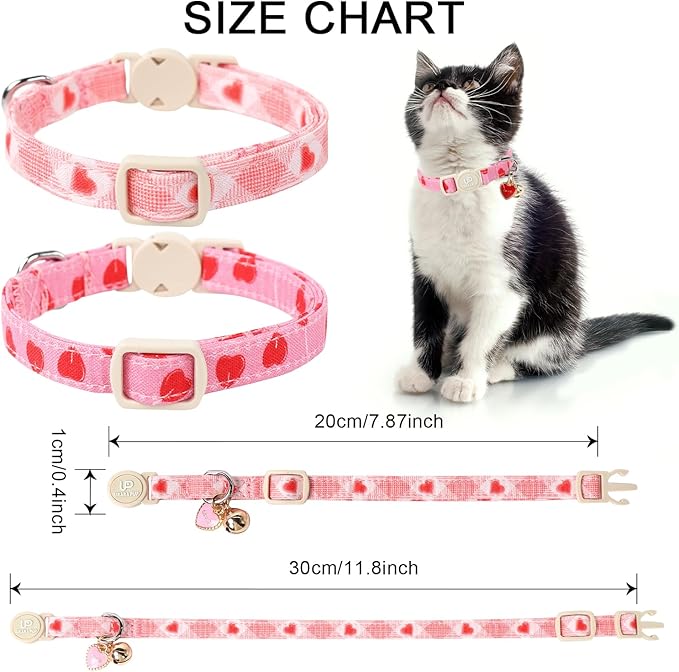 Cat Collar, 2 Pack Cat Collars-Cute Breakaway Cat Collar with Bell & Pendant, Valentine's Day Kitten Collars Pink Hearts with Safety Buckle for Girl and Boy Cats, 7-12Inch