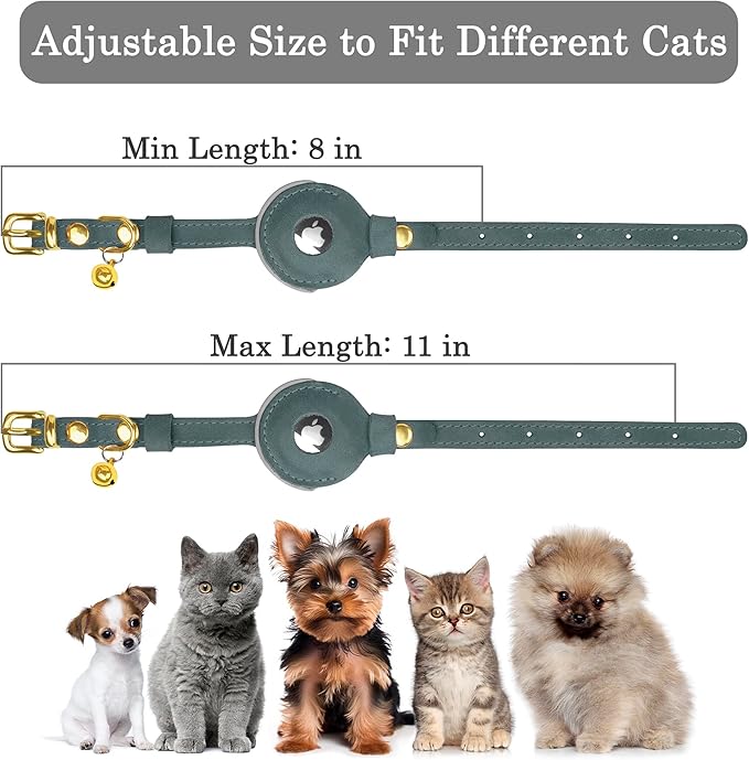 OOPSDOGGY Reflective Leather AirTag Cat Collar with Bell - Non Breakaway Adjustable Pet Collar with Apple Air Tag Holder - Lightweight GPS Kitten Collars for Small Dogs Puppy (Denim)