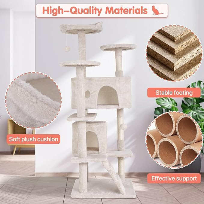 54in Cat Tree Cat Climbing Tower with Scratching Post, Cats House Perch Kitten Tree Condo Wood Playhouse, Pet Trees Tower for Indoor Cats, Beige