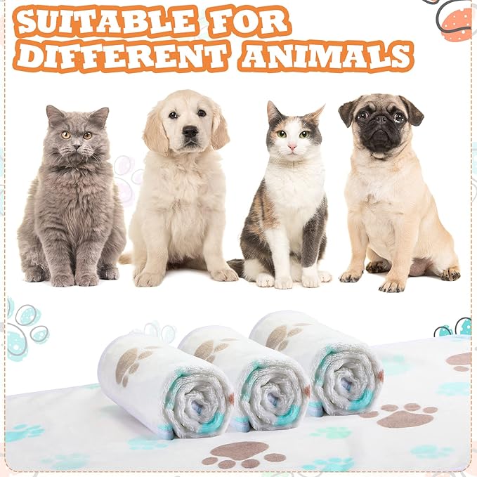 Tatuo 4 Pcs Dog Blanket for Pet Cat Blankets Indoor Puppy Teething Stuff Toys Paw Print Fleece Soft Blanket Sleep Mat for Guinea Pig Cage(Milky White,Small(24 x 16 Inch),Square)