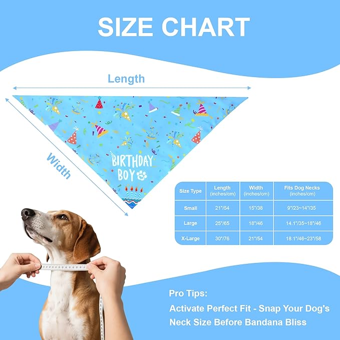 Dog Birthday Bandana Boy for Medium Large Dogs, Reversible 2 Patterns in 1, Blue Confetti Scarf, Happy Birthday Party Outfit Puppy Gift (14-18" Neck)