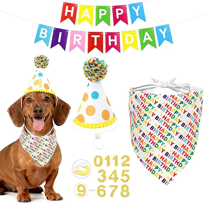 Dog First Birthday Party Decorations, Adjustable Dog Bandana Set with Hat, Numbers, Banner for Pet Party Supplies Festive Accessories Large Medium Small Pet Puppy Dogs, Color
