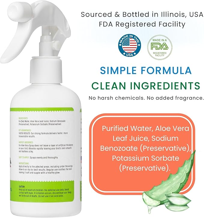 Aloe Vera Bird Spray for All Birds – Soothes Itchy Skin & Feather Plucking – 8oz Odor-Free Mist, Safe if Ingested, Daily Use Bird Mist, Softens Feathers, Natural Formula – Made in USA by UnRuffledRx™