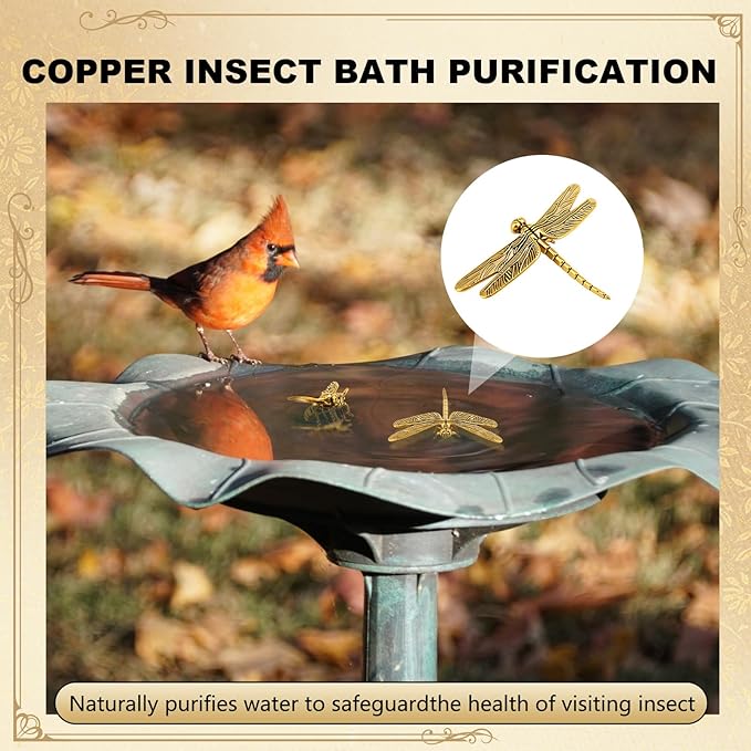 Moxweyeni 4 Pcs Mini Bird Bath Copper Ornaments Bird Bath Purification Disk Birdbath Cleaner Single 1 oz Weight Universal Fit for Outdoor Birdbaths, Bowl(Butterfly, Cricket, Bee, Dragonfly)