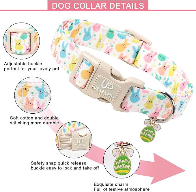 Easter Day Dog Collar, UP URARA PUP Easter Bunny Adjustable Pet Collar with Quick Release, Colorful Rabbits Dog Collars for Small Medium Large Dogs