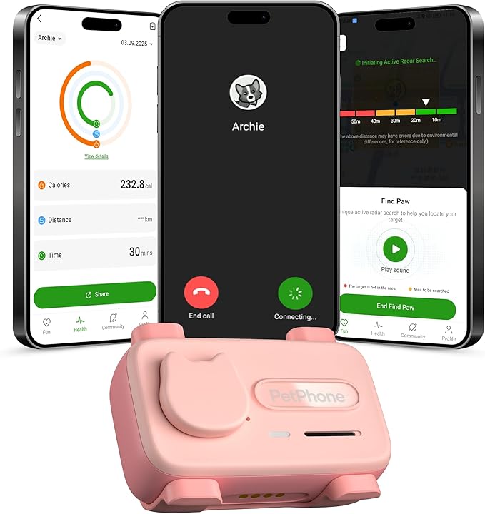 Pet Phone – Smart GPS Pet Tracker with Real-Time Location, Two-Way Communication, Emotional Support, and Unlimited Data | Ideal for Dogs and Cats | Up to 5-Day Battery (Light Pink)