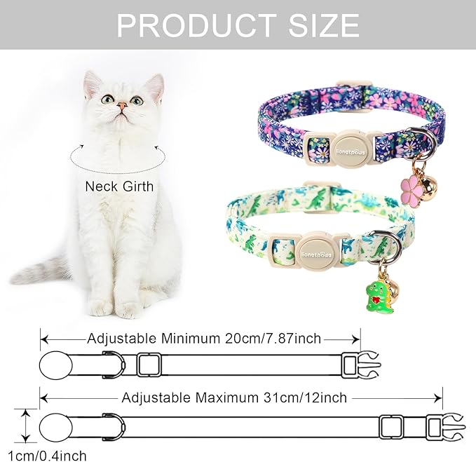 Lionet Paws 2pcs Pack Cotton Cat Collars,Breakaway Buckle with Floral and Dinosaur Pattern， Cute Adjustable Cat Flower Collar