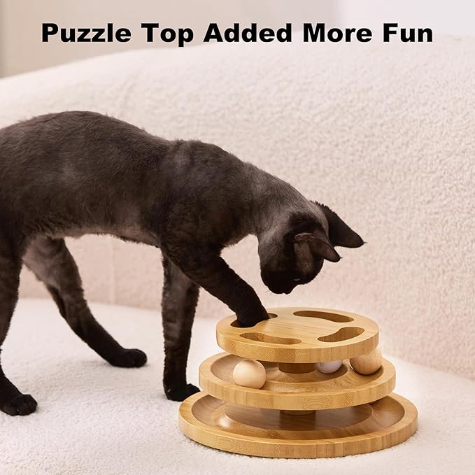 Cat Ball Track Toy with Puzzle Top and DIY Bell, Wooden Cat Toys for Indoor Cats, Interactive Kitty Ball Tower for Kitten Exercise Mental Physical