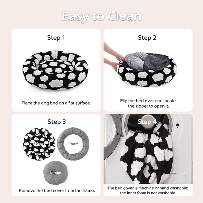 JOEJOY Donut Calming Small Dog Bed, Round Cat Beds for Indoor Cats with Removable Washable Cover, 23In Orthopedic Cute Puppy Kitten Pet Bed with Jacquard Shaggy Plush & Non Skid Bottom, Black