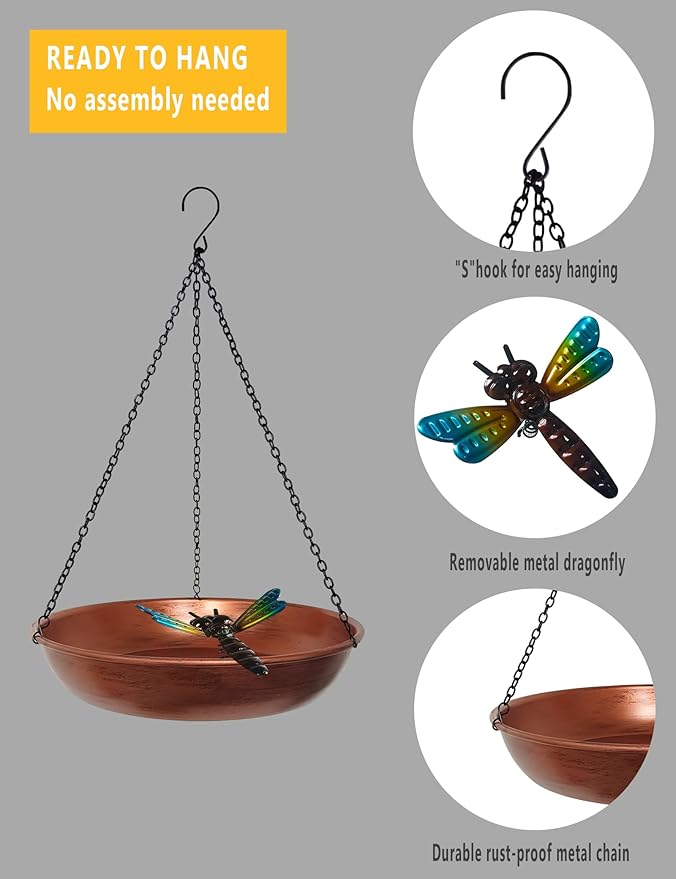 Hanging Birdbath Bird Feeder for Outdoor 11” Antique Copper Cute Small Metal Bird Bath Bowl with Detachable Black Chain Metal Dragonfly for Garden Backyard Decor