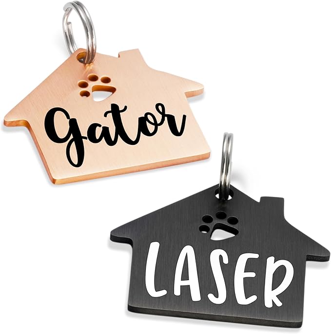Ultra Joys Dog Tags Personalized for Pets - Hollow Paw Custom Pet ID Tag - Engraved Dog Tag for Small, Large Dogs - Small House in Rose