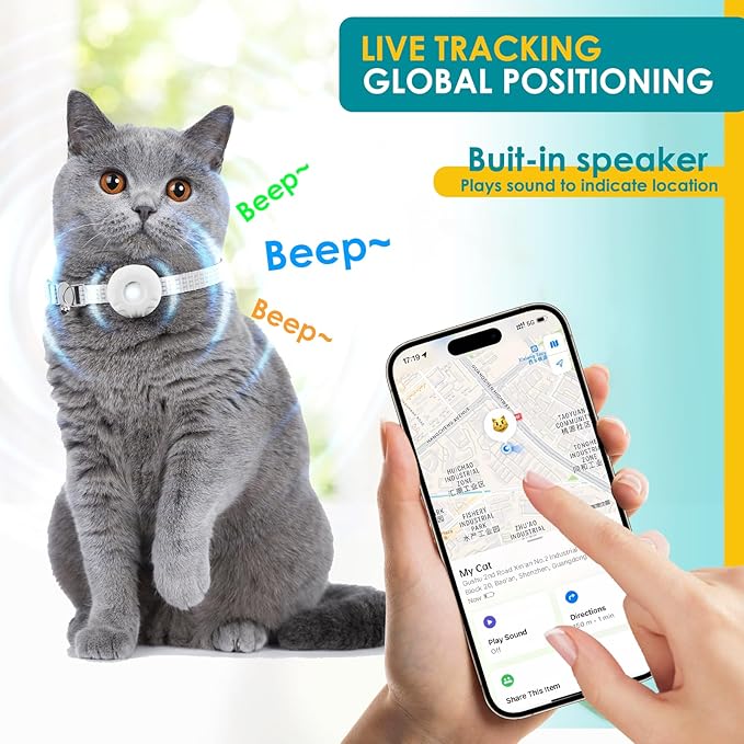 Cat Tracker, Pet Tracker for Cats, Cat GPS Tracker Collar with Safety Elastic Buckle, GPS Tracker Compatible with Apple Find My App (Only iOS), No Monthly Fee, Waterproof, White