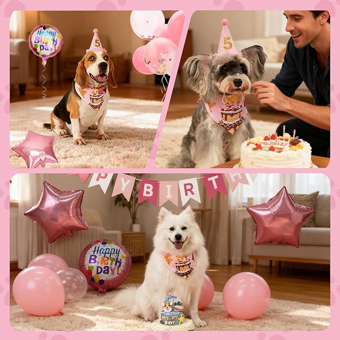 Dog & Cat Birthday Party Decorations Set Include Bandana, Adjustable Hat, Balloons, Happy Birthday Banner for Male and Female. Available for Small & Medium & Large Breeds (Pink)