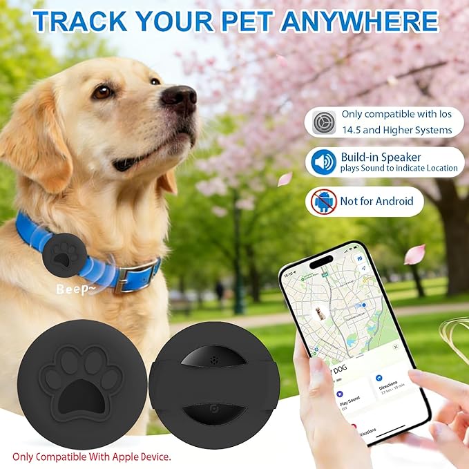 Dog Trackers Smart Pet Tracker for Collar Dog Trackers Pet Location Tracker with Holder No Monthly Fee Compatible with Apple Find My (iOS Only Not for Android) Anti-Lost Device for Pets Bag Straps