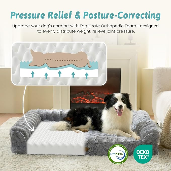 Faux Rabbit Fur Orthopedic Dog Bed, Dog Bed for Large Size, Supportive Foam Pet Sofa with Waterproof Lining Cover, Washable U-Shaped Pet Couch with Anti-Slip Bottom, Grey L 36x27x6.5 inch