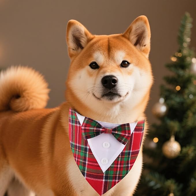 ADOGGYGO Christmas Dog Tuxedo Bandana, Red Green Plaid Pet Xmas Collar with Bow, Adjustable Christmas Costume for Small Dogs (S)