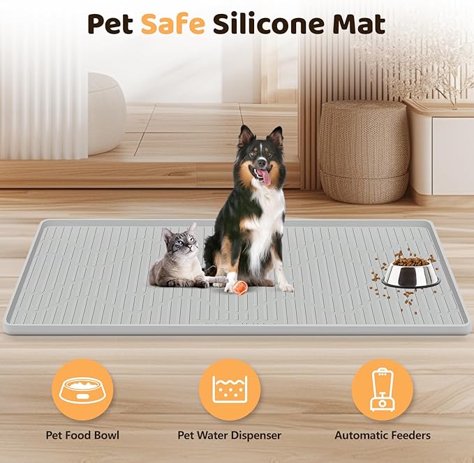Silicone Cat & Dog Food Mat, 27" x 27" Large Pet Feeding Mat for Cats and Dogs Bowl, Pet Placemat for Food and Water with Raised Edge, Waterproof, Leakproof (Grey)