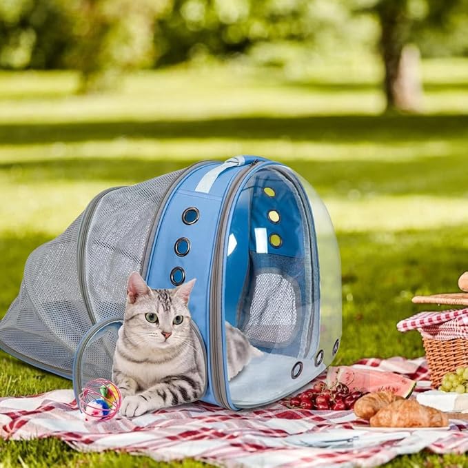 Cat Backpack Carrier Back Expandable Bubble Pet Carrier Backpack for Large Cat, Kitten and Dog, Designed for Hiking, Travelling and Outdoor Use (Back Expandable-Blue)