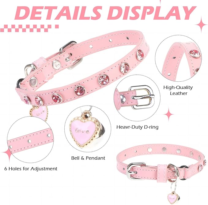 EXPAWLORER Leather Cat Collar for Girl Boy- Adjustable Pet Collar with Safety Elastic Belt,Personalized Rhinestone Accessories Buckle Collars with Bell & Durable D-Ring,Rhinestone (Pink)