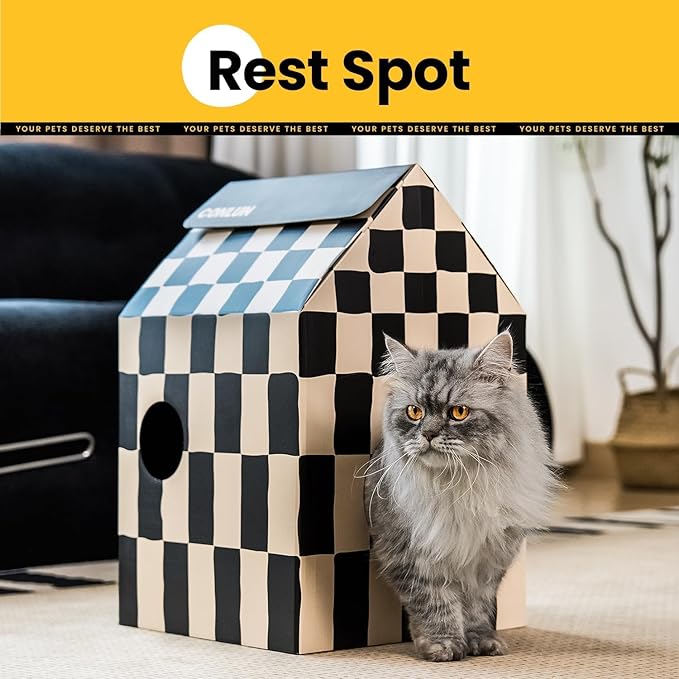 Cardboard Cat House with Scratch Pad & Catnip, Cat Play Scratching House for Indoor Hideaway Furniture, Heavy Duty Sturdy Cardboard Scratcher, Easy to Assemble Birthday Gift, Medium