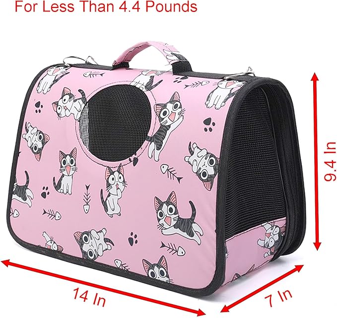 Pet Carrier with Shoulder Strap, 14 Inch x 9.4 Inch x 7 Inch Foldable Pink Breathable High Strength Oxford for Less Than 4.4 Pound Dog and Cat (Small)