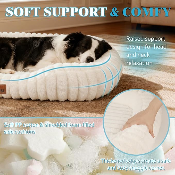 Washable Dog Bed for Extra Large Dogs - XL Soft Plush Furry Calming Dog Bed with Removable Zipper Cover, Orthopedic Rectangle Anti-Anxiety Pet Kennel Bed with Handle, 43x31x5inches, Cream