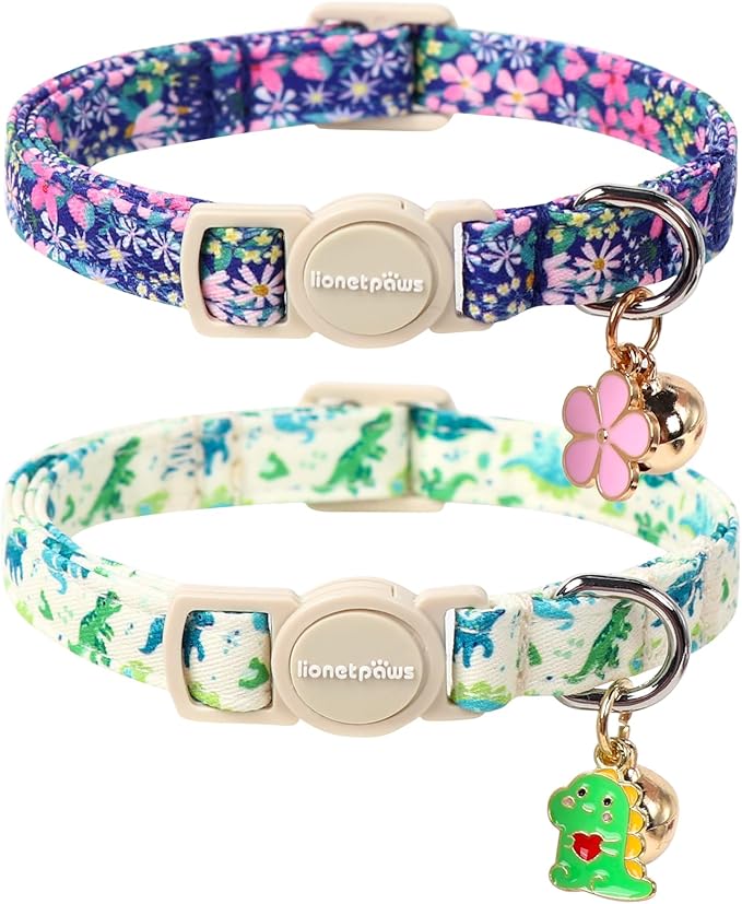 Lionet Paws 2pcs Pack Cotton Cat Collars,Breakaway Buckle with Floral and Dinosaur Pattern， Cute Adjustable Cat Flower Collar
