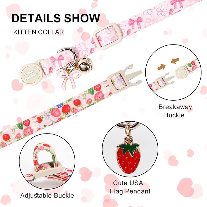 Unique Style Paws Pink Flower Kitten Collars,Cute Pink Bow Cats Collar with Bell,Kitten Collar Breakaway Buckle with Heart Pattern,Adjustable Flower Cat Collars,Ideal Gift for Boy Girl Cats