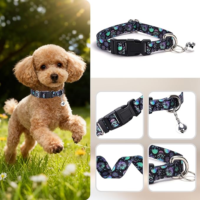 Small Dog Collar with Bell - Soft Adjustable Nylon Collar for Small Breeds, Skull Pattern Collar for Chihuahua Pomeranian Yorkie, Lightweight & Comfortable for Tiny Dogs (S)