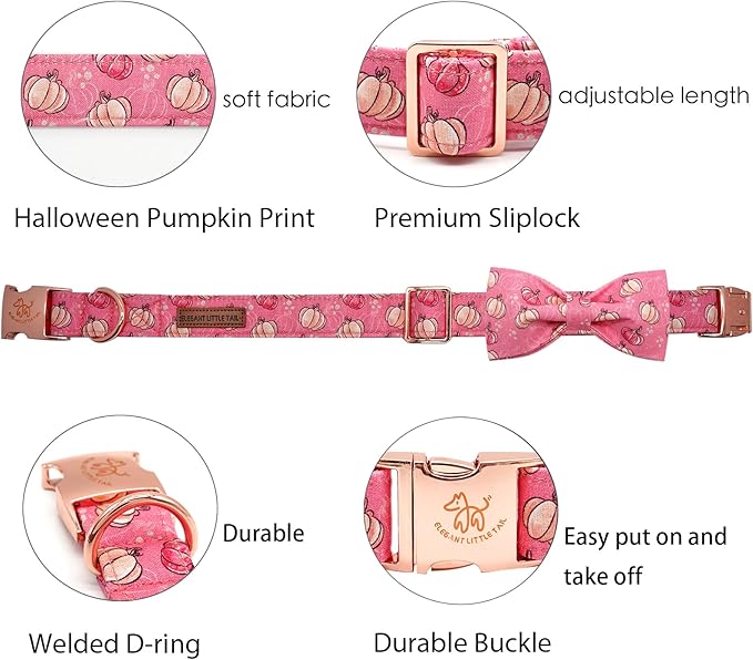 Elegant Little Tail Dog Collar with Bow, Adjustable Halloween Pumpkin Bowtie Pet Gift Collar for Small to Large Dogs