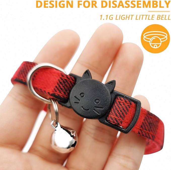 MJIYA Stylish Plaid Cat Collars with Bells - Adjustable Breakaway Kitten Collar (8-12 Inches) - Cute Collar for Girls and Boys - Pet Gift and Accessory (Red, 1 Pack)
