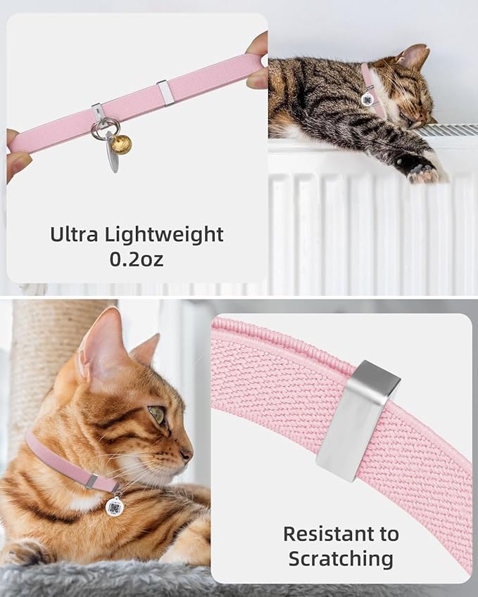 Cat Collar with Bell, Stretch Elastic Quick Release, Modifiable Pet Online Profile Page, Multiple Emergency Contact, Non Breakaway Lightweight Kitten Collar for Girl Cats, Pet Supplies, Gifts, Pink