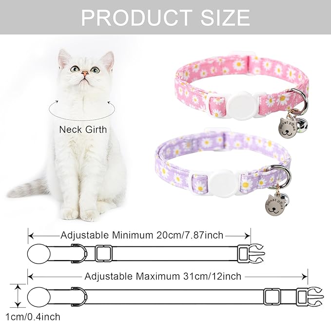 Lionet Paws 2pcs Pack Cotton Cat Collar,Breakaway Buckle with Daisy Pattern and Brand Pendant Cute Adjustable Cat Kitten Collar,Ideal for Girl Cats Boy Cats