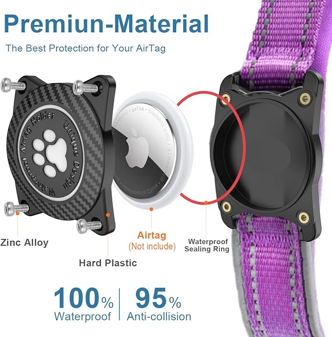 Airtag Dog Collar with Waterproof Air Tag Holder, Luminous Reflective, Soft Padded, Adjustable Nylon Pet Collar for Small Medium Large Heavy Duty Dogs,Purple, L