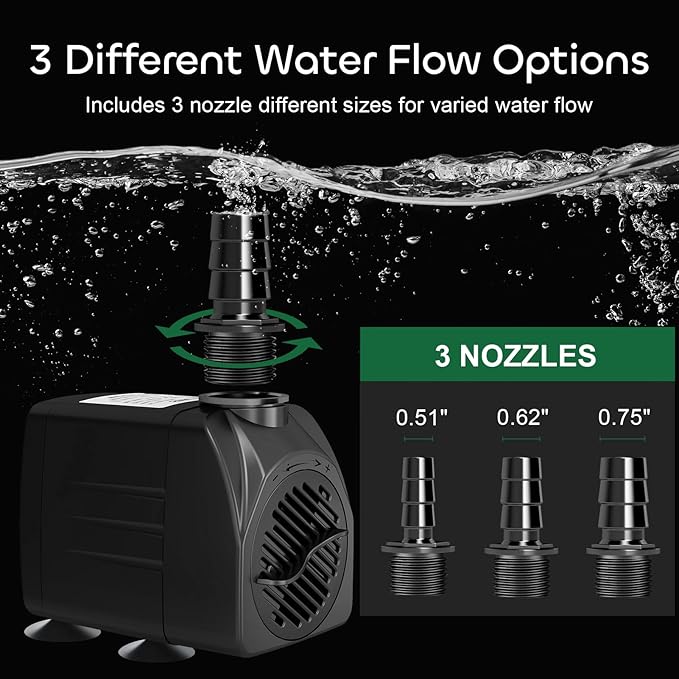 GROWNEER 550GPH Submersible Pump 30W Fountain Water Pump, 2000L/H, with 7.2ft High Lift, 3 Nozzles for Aquarium, Fish Tank, Pond, Hydroponics, Statuary, Pool