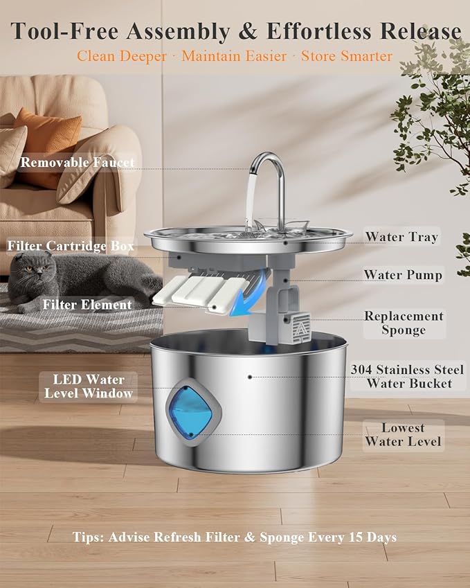 Cat Water Fountain Stainless Steel with 12 Filters Kit [3.2L/108oz] Automatic Water Dispenser with LED Water Level Window, Easy to Clean Metal Pet Drinking Fountain for Kitty to Large Cats Indoor