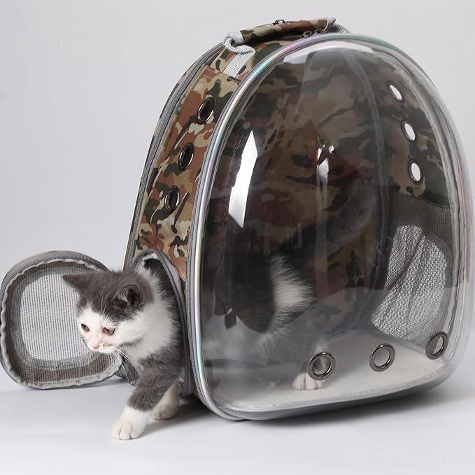 Cat Backpack Carrier Back Expandable Bubble Pet Carrier Backpack for Large Cat, Kitten and Dog, Designed for Hiking, Travelling and Outdoor Use (Back Expandable-Camo)