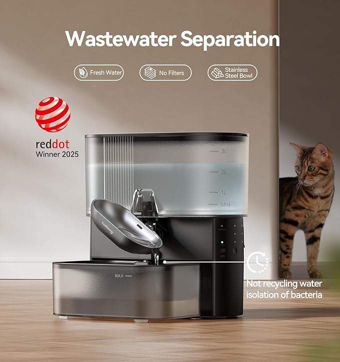 Wireless Cat Water Fountain No Filters, Wastewater Separation, FEELNEEDY Stainless Steel Bowl, 3.5L Pet Water Fountain for Cats & Dogs Dispenser, Black