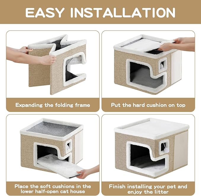 Cat Houses for Indoor Cats, Covered Cat Cave Bed with Scratch Pad and Fluffy Ball, Foldable Cat Hideaway Condo for Large Cats, Modern Kitten Bed,16.5x16.5x13 inches (Khaki‌, L)
