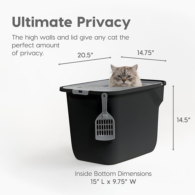 IRIS USA Cat Litter Box, Large Cat Box Enclosure, Top Entry with Litter Catching Lid, Enclosed with Scoop, Black/Gray