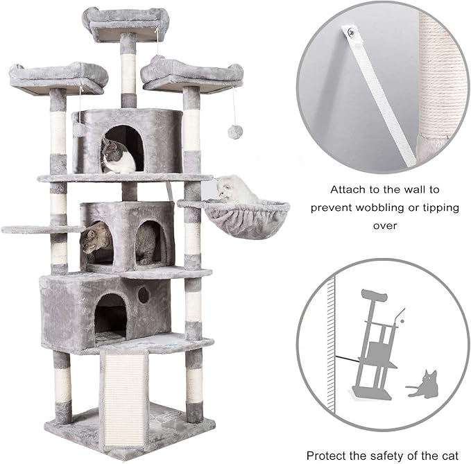 Hey-brother XL Size Cat Tree, 73.4 inch Cat Tower with 3 Caves, 3 Cozy Perches, Scratching Posts, Board, Activity Center Stable for Kitten/Gig Cat, Light Gray MPJ032W