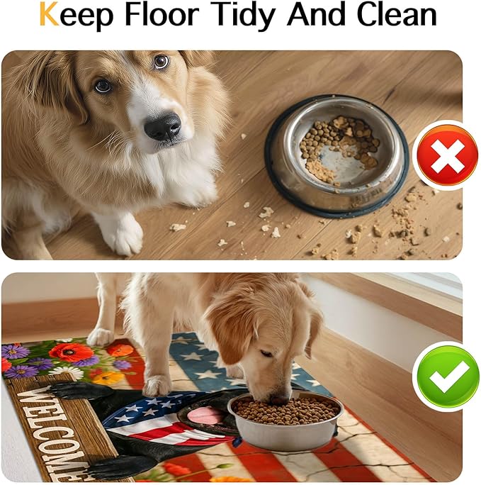 Patriotic 4th of July Flag Dog Pet Food Mat Independence Day Spill-Proof Pet Feeding Mat USA Welcome Dog Bowl Mats Pets Placemat Cat Food Mats for Home Decor 24" x 16"