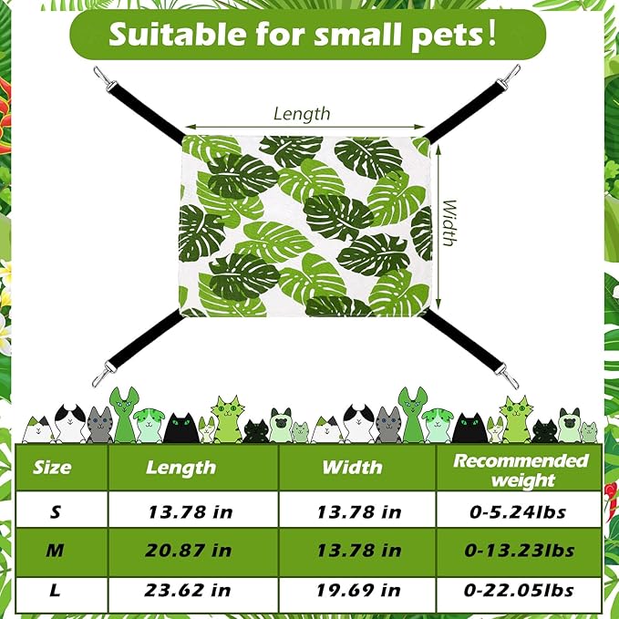 Jetec 2 Pack Cat Hammock for Cage, Catio Accessories Reversible Soft Cats Bed with Adjustable Straps and Hooks Double-Sided Linen and Fleece Hanging Hammock for Cats, Kitten(Monstera Leaf,M)