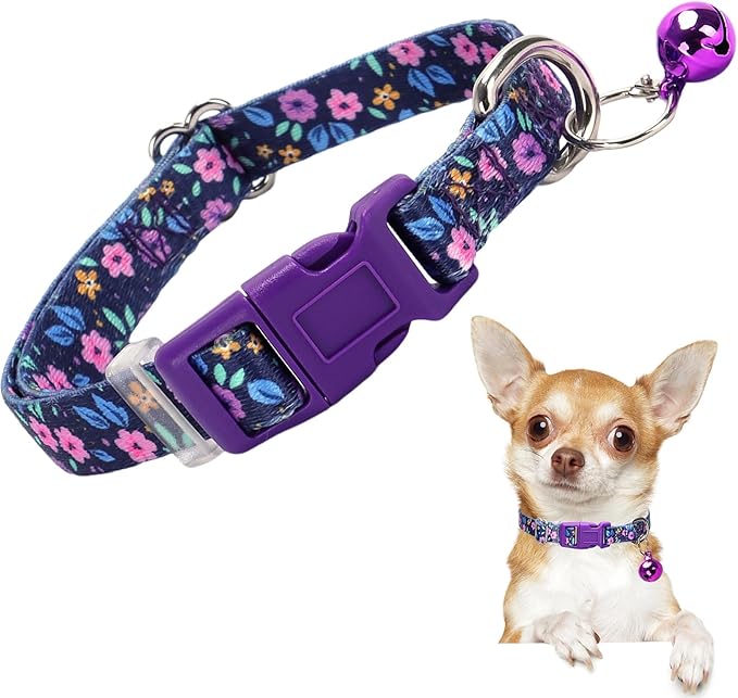 Cute Puppy Collar with Bell-Nylon Dog Collar for Small Breeds, Adjustable XXS XS Tiny Pet Little Dogs Girl Kitten Female Small Animal, for Puppies Purple Flowers X-Small