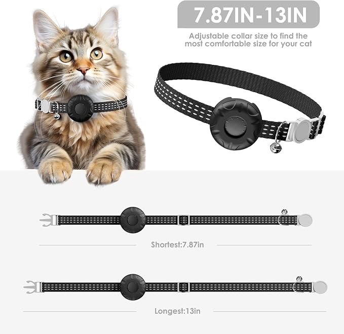 GPS Tracker, Waterproof Pet Tracker for Cats, Cat GPS Tracker Collar with Safety Elastic Buckle, Compatible with Apple Find My App (Only iOS), No Monthly Fee (Black Tracker, Cat Collar)